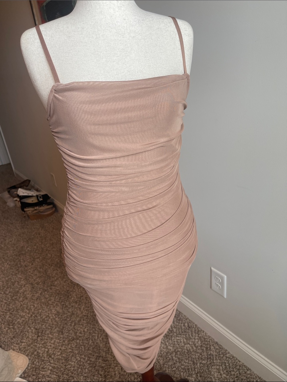Ruched Nude Slip Midi Dress with Spaghetti Straps